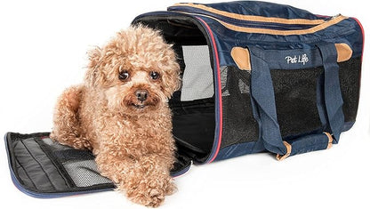 Pet Life 'Aero-Zoom' Airline Approved Pet Carrier - Folding Zippered Travel Cat and Dog Carrier - Wired Pet Crate Travel Dog Carrier Includes Over-The-Shoulder Straps and Sherpa Pet Pad