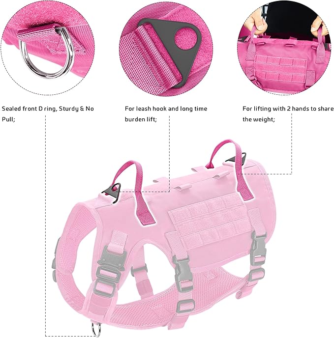 Forestpaw Pink Tactical Dog Harness for Large Dogs,Tactical Dog Collar with Bungee Leash Set,No Pull Military Dog Harness for Dog Walking Training,Adjustable for Medium Large Dogs,L