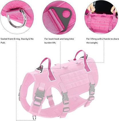 Forestpaw Pink Tactical Dog Harness for Large Dogs,Tactical Dog Collar with Bungee Leash Set,No Pull Military Dog Harness for Dog Walking Training,Adjustable for Medium Large Dogs,L