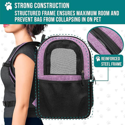 PetAmi Dog Backpack Carrier For Small Large Cat, Pet, Puppies, Ventilated Pet Hiking Backpack Travel Bag, Airline Approved Cat Backpack Carrier, Safety Back Support, Camping Biking, Max 18 lbs, Purple