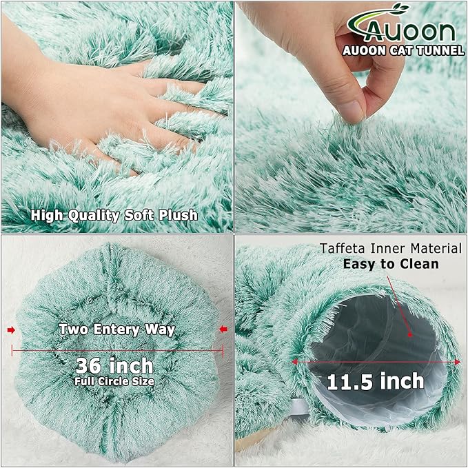 AUOON Cat Tunnel Bed with Central Mat,Big Tube Playground Toys,Soft Plush Material,Full Moon Shape for Kitten,Cat,Puppy,Rabbit,Ferret (Creen)