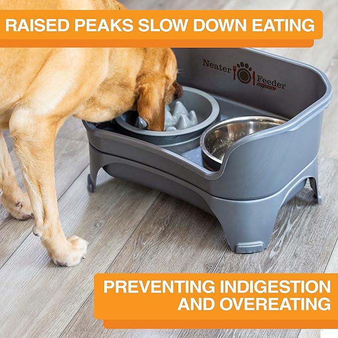 Neater Feeder - Express Model w/Niner 9 Peak Slow Feed Bowl - Mess-Proof Dog Bowls (M/L, Grey) - Made in USA – Elevated, No Spill, Non-Tip, Non-Slip, Raised Food/Water Pet Bowls Aid Digestion