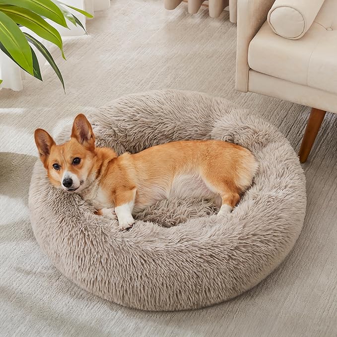 WESTERN HOME WH Calming Dog & Cat Bed, Anti-Anxiety Donut Cuddler Warming Cozy Soft Round Bed, Fluffy Faux Fur Plush Cushion Bed for Small Medium Dogs and Cats (20"/24"/27"/30")