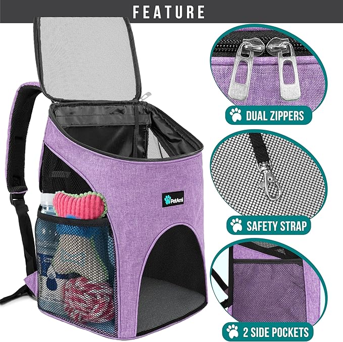 PetAmi Small Dogs and Cat Backpack Carrier, Airline Approved Pet Backpack Carrier, Ventilated, Safety Strap, Buckle Support Designed for Hiking Travel Camping Outdoor, Max 18 lbs (Heather Purple)