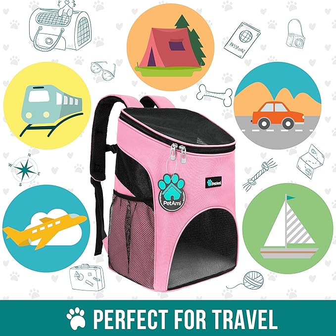 PetAmi Small Dogs and Cat Backpack Carrier, Airline Approved Pet Backpack Carrier, Ventilated, Safety Strap, Buckle Support Designed for Hiking Travel Camping Outdoor, Max 18 lbs (Pink)