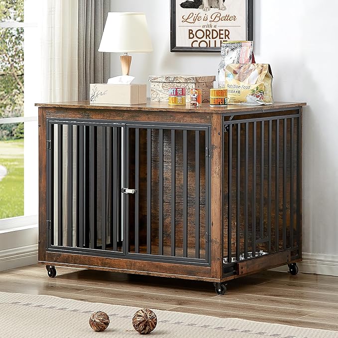 NicBex Dog Crate Furniture Dog Cage with Removable Feeding Bowls and 3 Doors