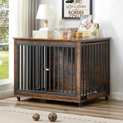 NicBex Dog Crate Furniture Dog Cage with Removable Feeding Bowls and 3 Doors