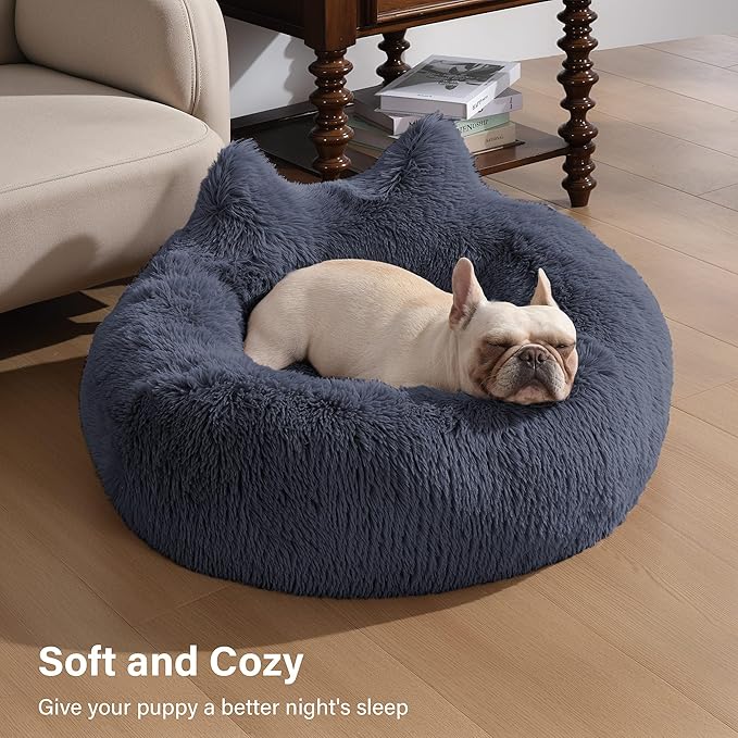 Westen Home Calming Dog Bed Medium Size Dog - Donut Washable Medium Dog Bed, 30 inches Anti-Slip Round Fluffy Plush Dog Bed, Fits up to 45 lbs Pets, Navy Grey