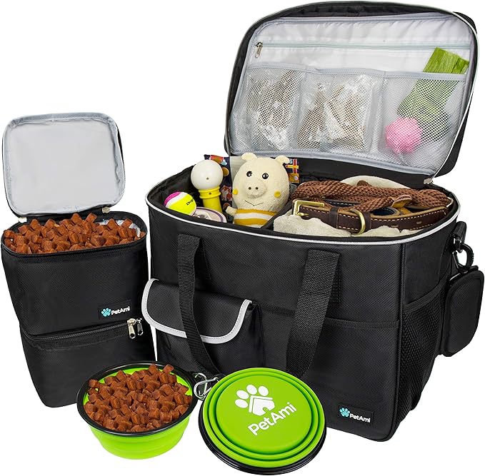 PetAmi Dog Travel Bag, Travel Pet Bag Organizer, Dog Food Travel Bag with Food Container and Bowls, Dog Travel Supplies Gift Accessories for Weekend Camping, Dog Cat Diaper Bag (Black, Large)