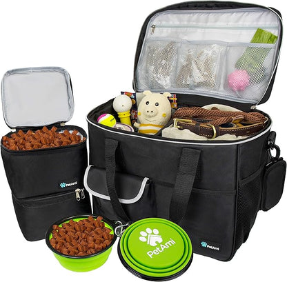 PetAmi Dog Travel Bag, Travel Pet Bag Organizer, Dog Food Travel Bag with Food Container and Bowls, Dog Travel Supplies Gift Accessories for Weekend Camping, Dog Cat Diaper Bag (Black, Large)