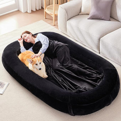 Yojoker Human Dog Bed for People Adults, 3 in 1 Giant Foldable Bean Bag Bed with Blanket, Washable Faux Fur Nap Floor Bed Adult for People, Pets Removable Large Memory Foam Human Sized Dog Bed Black