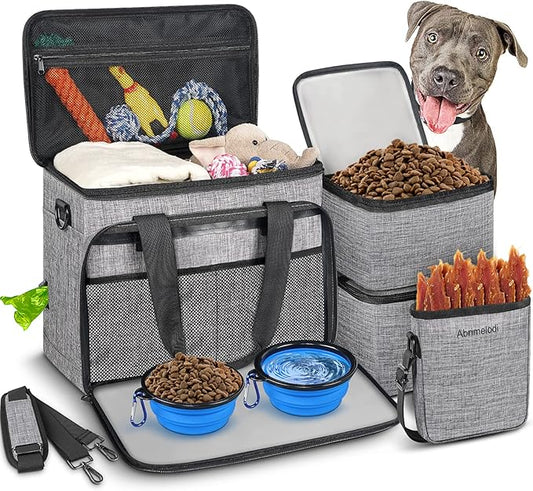 6 Set Dog Travel Bag, Large Pet Travel Kit for Supplies Includes 2 Food Containers, 1 Travel Organizer for Dogs, 2 Collapsible Bowls, 1 Treat Pouch, Dog Weekend Overnight Travel Bag Luggage