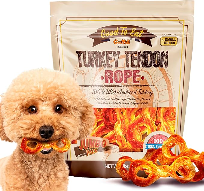 Gootoe Turkey Tendon Dog Treats – 100% USA-Sourced, Natural Snack, Premium Training Chews, Hypoallergenic, Reseal Value Bags, Sizes for Small Dogs, Rope (S) Jumbo Pack, 1 lb (Pack of 1)