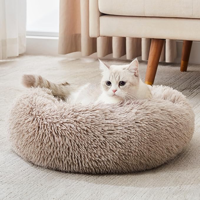 WESTERN HOME WH Calming Dog & Cat Bed, Anti-Anxiety Donut Cuddler Warming Cozy Soft Round Bed, Fluffy Faux Fur Plush Cushion Bed for Small Medium Dogs and Cats (20"/24"/27"/30")