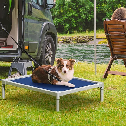 YITAHOME Elevated Dog Bed, Aluminum Frame Chew Proof Raised Pet Cot with Breathable Textilene Mesh Fabric, Enclosed Edges, Non-Slip Rubber Feet, 110LBS Capacity for Indoors & Outdoors, Blue, 32 Inch