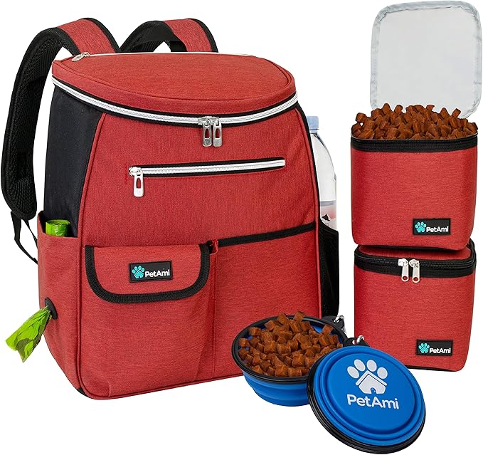 PetAmi Dog Travel Bag Backpack, Airline Approved Dog Bags for Traveling, Puppy Diaper Bag Supplies, Pet Camping Essentials Hiking Accessories Dog Mom Gift, Food Container, Collapsible Bowls, Red