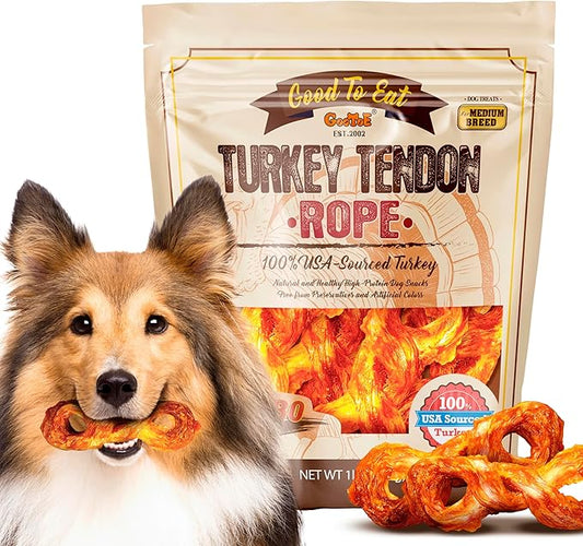 Gootoe Turkey Tendon Dog Treats – 100% USA-Sourced, Natural Snack, Premium Training Chews, Hypoallergenic, Reseal Value Bags, Sizes for Medium Dogs, Rope (M) Jumbo Pack, 1 lb (Pack of 1)