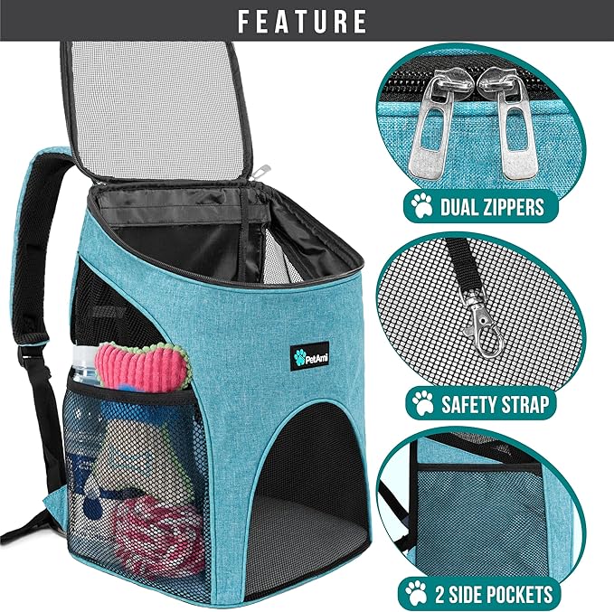 PetAmi Small Dogs and Cat Backpack Carrier, Airline Approved Pet Backpack Carrier, Ventilated, Safety Strap, Buckle Support Designed for Hiking Travel Camping Outdoor, Max 18 lbs (Sea Blue)