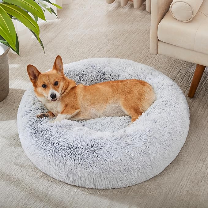 WESTERN HOME WH Calming Dog & Cat Bed, Anti-Anxiety Donut Cuddler Warming Cozy Soft Round Bed, Fluffy Faux Fur Plush Cushion Bed for Small Medium Dogs and Cats (20"/24"/27"/30")