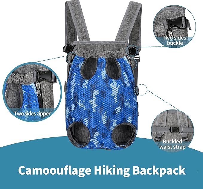 Mile High Life | Hiking Outdoor Pet Carrier Backpack | Legs Out Puppy Cat Carrier | Camouflage Dog Carrier for Small Dogs | Dog Backpack w Breathable Mesh (Blue)