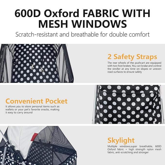 4 Wheels Posh Foldable Pet Stroller for Medium Small Dogs/Cats 33lbs(Black Dot)