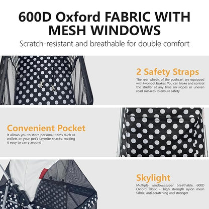 4 Wheels Posh Foldable Pet Stroller for Medium Small Dogs/Cats 33lbs(Black Dot)