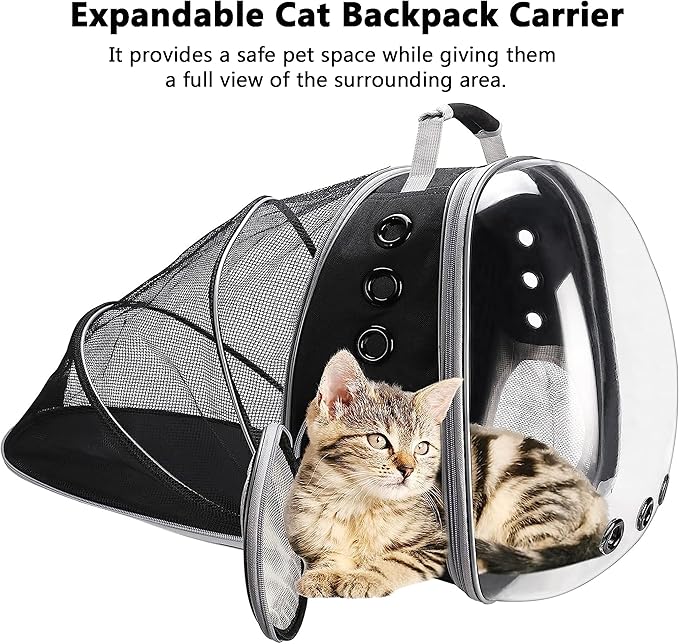 Cat Backpack Carrier,Expandable Bubble Backpack for Carrying Cats and Puppies,Airline-Approved Pet Travel Carrier Designed for Travel, Hiking, Walking Outdoor Use,Black