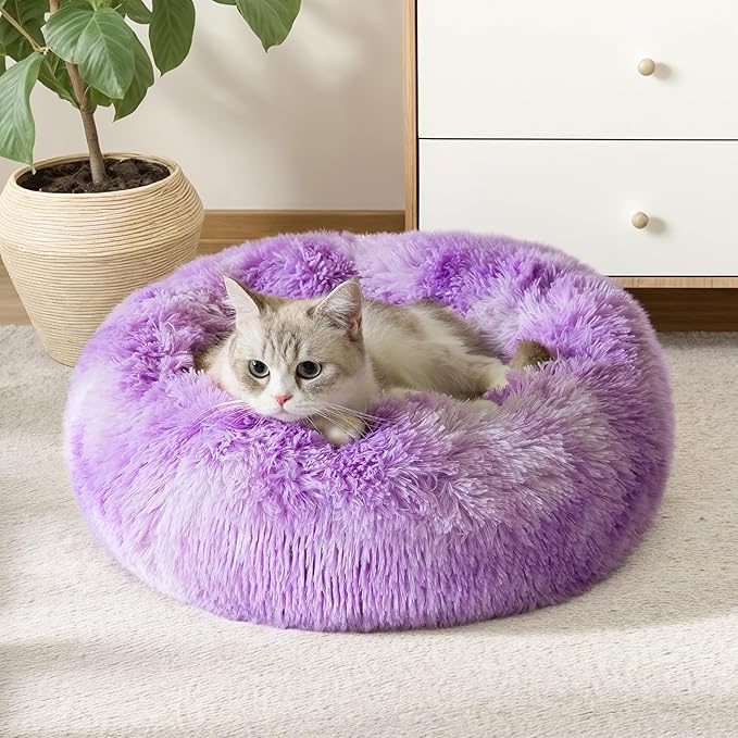 WESTERN HOME WH Calming Dog & Cat Bed, Anti-Anxiety Donut Cuddler Warming Cozy Soft Round Bed, Fluffy Faux Fur Plush Cushion Bed for Small Medium Dogs and Cats (20"/24"/27"/30")