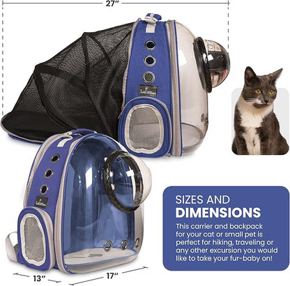 LaLuz2021 Cat Backpack Carrier Pet Bag- Expandable Tent Double Bubble Capsule Backpacks - Plush mat with Bonus Hook and Loop Fastener and Built-in Leash Clip - Blue