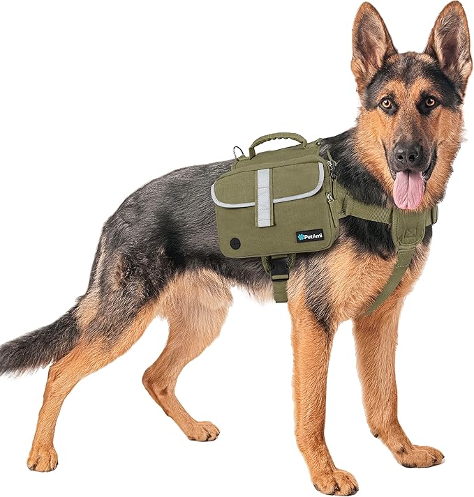 PetAmi Dog Backpack for Medium Large Dogs, Dog Saddle Bag For Dogs to Wear, Tactical Harness Saddlebag with Reflective Safety Side Pockets Hiking Camping, Vest Dog Pack for Travel (Olive Green, Large)