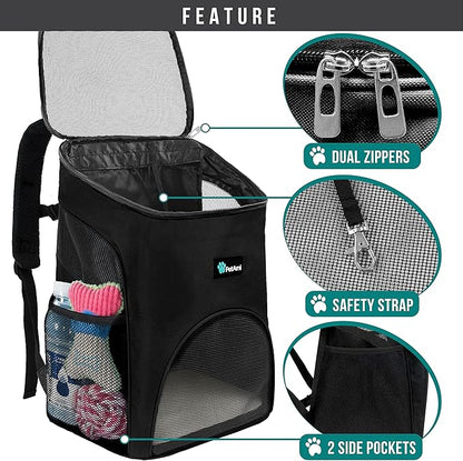 PetAmi Small Dogs and Cat Backpack Carrier, Airline Approved Pet Backpack Carrier, Ventilated, Safety Strap, Buckle Support Designed for Hiking Travel Camping Outdoor, Max 18 lbs (Black)