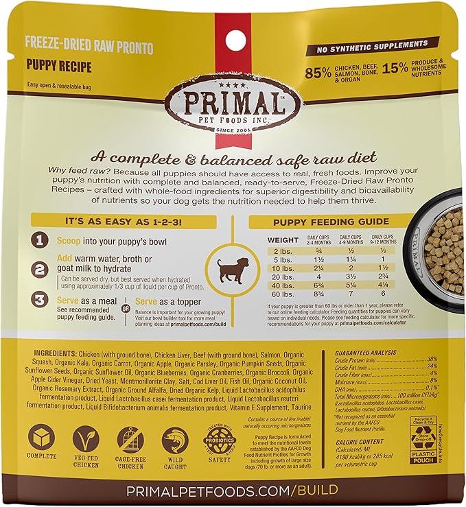 Primal Puppy Dog Food, Freeze Dried Dog Food, Pronto; Scoop & Serve, Complete & Balanced Meal; Also Use As Topper or Treat; Premium, Healthy, Grain Free, High Protein Raw Dog Food (25 oz, 2-Pack)