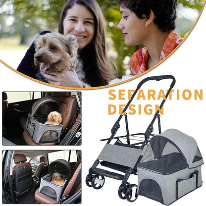 3-in-1 Dog Stroller for Medium Dogs 2 Dogs/Cats, 44lbs(Grey)