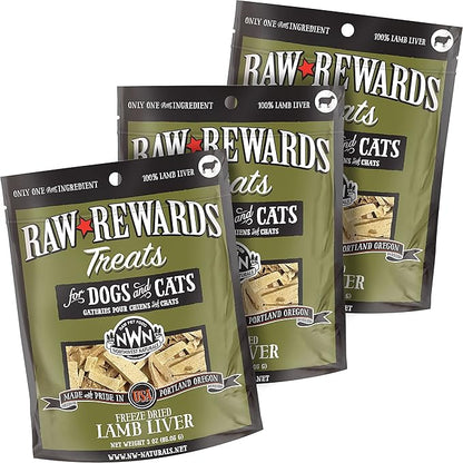 Northwest Naturals Raw Rewards Freeze-Dried Lamb Liver Treats for Dogs and Cats - Bite-Sized Pieces - Healthy, 1 Ingredient, Human Grade Pet Food, All Natural - 3 Oz (Pack of 3) (Packaging May Vary)