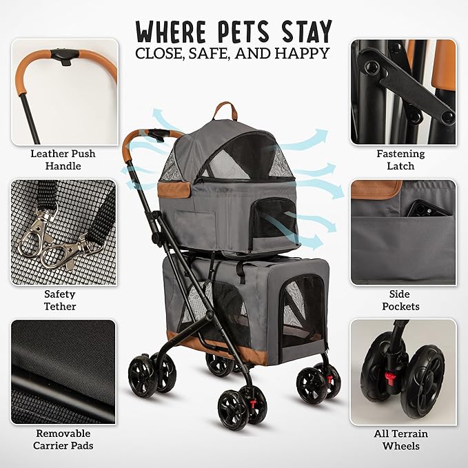 Double Pet Stroller with Detachable Carriers 2 Dogs
