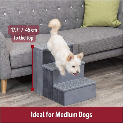 TRIXIE Velour 3-Step Pet Stairs with Storage, Collapsible, Storage Compartments for Pet Toys,Gray