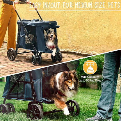 4 Wheels Pet Stroller for Small/Medium Dogs- One Button Fold 360° Swivel