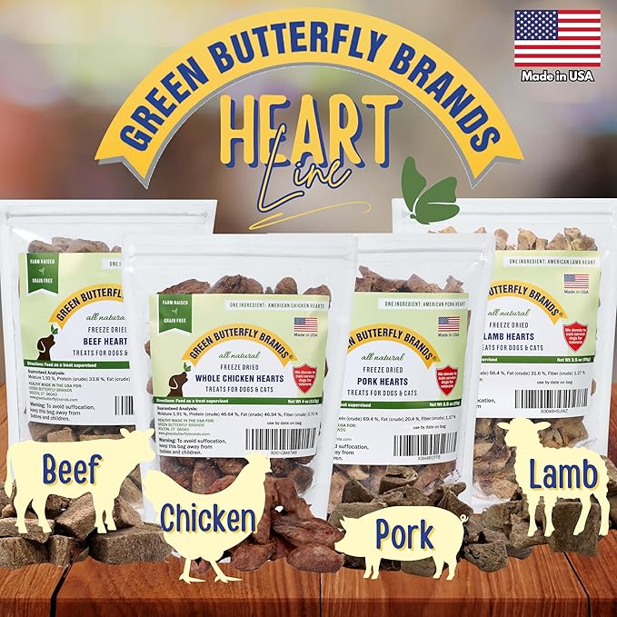 Freeze Dried Pork Heart Dog Treats Made in USA. All Natural Freeze-Dried Raw Snacks for Dogs and Cats. Single Ingredient. High Protein, Heart Health, Irresistible Training Treat