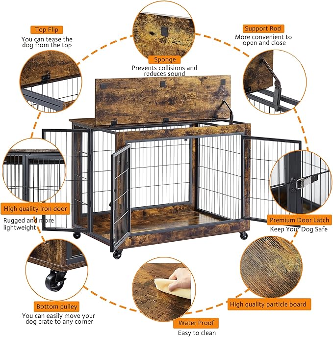 Okak Dog Crate Furniture Wooden Dog Crate With Double Sliding Iron Doors and Lift Top on Casters Heavy-Duty Dog Kennel Indoor for Medium/Large Dog Brown,38.58" L