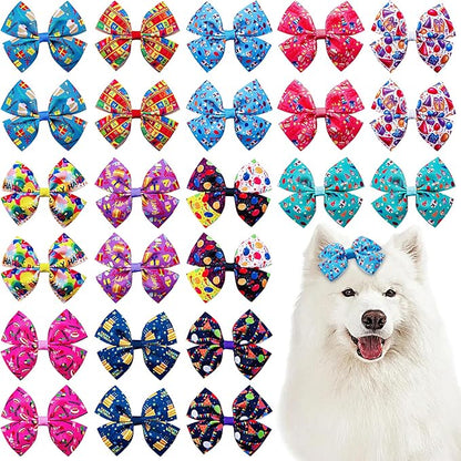 24Pcs/12 Pairs Birthday Dog Hair Bows with Rubber