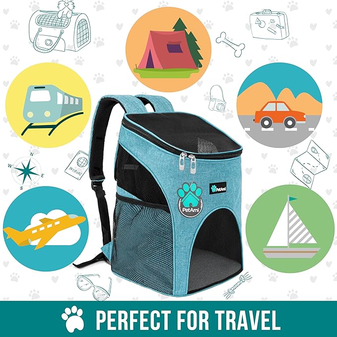 PetAmi Small Dogs and Cat Backpack Carrier, Airline Approved Pet Backpack Carrier, Ventilated, Safety Strap, Buckle Support Designed for Hiking Travel Camping Outdoor, Max 18 lbs (Sea Blue)