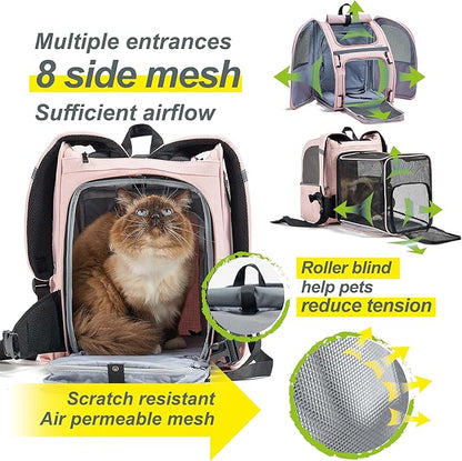 Expandable Pet Carrier, Airline-Approved Foldable and Detachable Backpack, Fits up to 13lbs Cat & 11lbs Small Medium Puppy Dog, Suitable for Car Travel, Outings, Hiking Camping (Pink)