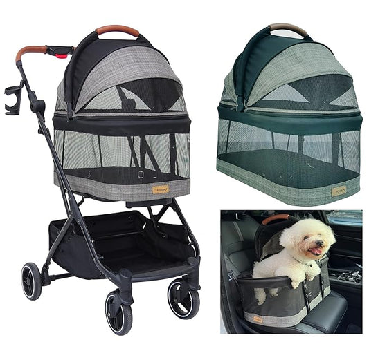 ROODO Dog Stroller Cat Stroller 3-in-1 Multifunctional 4 Wheels Lightweight Foldable Portable Detachble Pet Gear 30lbs Small
