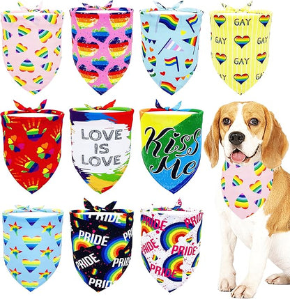 10PCS Pride Day Dog Bandanas with Rainbow Color for Medium Dog Triangle Bibs Scarves Boys and Girls Gay Pride with Love is Love Kiss Me Grooming Accessories Costume