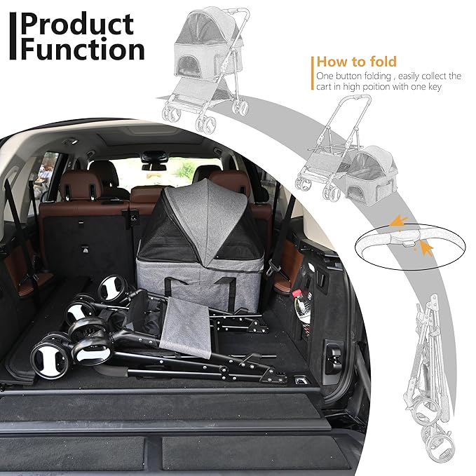 3-in-1 Dog Stroller for Medium Dogs 2 Dogs/Cats, 44lbs(Grey)