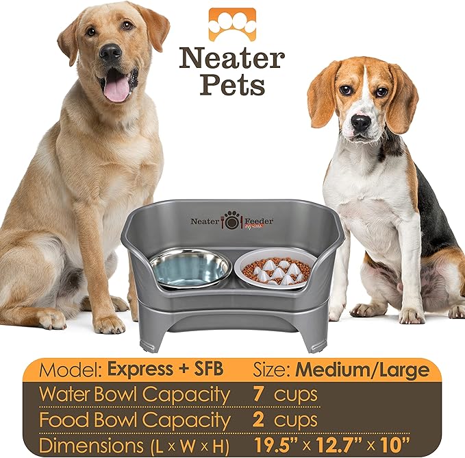 Neater Feeder - Express Model w/Niner 9 Peak Slow Feed Bowl - Mess-Proof Dog Bowls (M/L, Grey) - Made in USA – Elevated, No Spill, Non-Tip, Non-Slip, Raised Food/Water Pet Bowls Aid Digestion