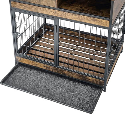 Okak Dog Crate Furniture Wooden Dog Crate Table with Drawers and Wheels Heavy Duty Dog Cage with Double Iron Doors Dog Kennel Indoor for Medium/Large Dog Brown,31.5" L