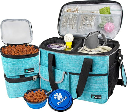 PetAmi Dog Travel Bag, Travel Pet Bag Organizer, Dog Food Travel Bag with Food Container and Bowls, Dog Travel Supplies Gift Accessories for Weekend Camping, Dog Cat Diaper Bag (Sea Blue, Medium)