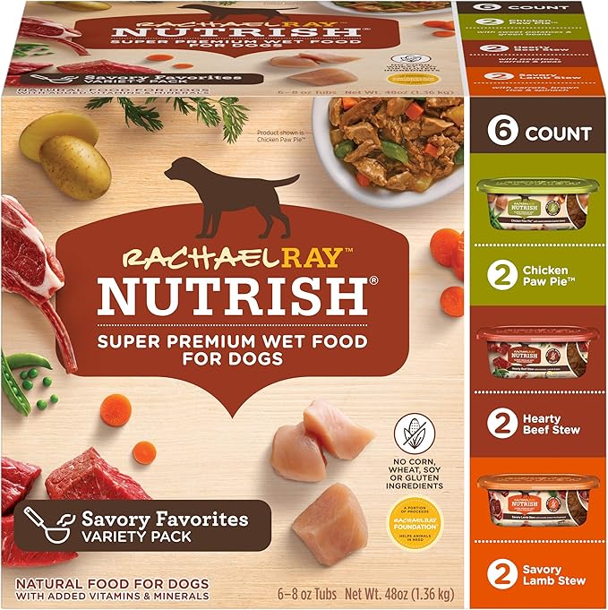 Rachael Ray Nutrish Premium Natural Wet Dog Food with Added Vitamins & Minerals, Savory Favorites Variety Pack, 8 Ounce Tub (Pack of 6)