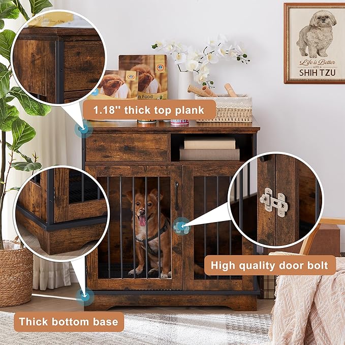 Okak Dog Crate Furniture Style Dog Cage Side Table With Drawers Wooden Dog Crate With Double Sliding Iron Doors Dog Kennel Indoor For Medium/Large Dog Brown,32.28" L